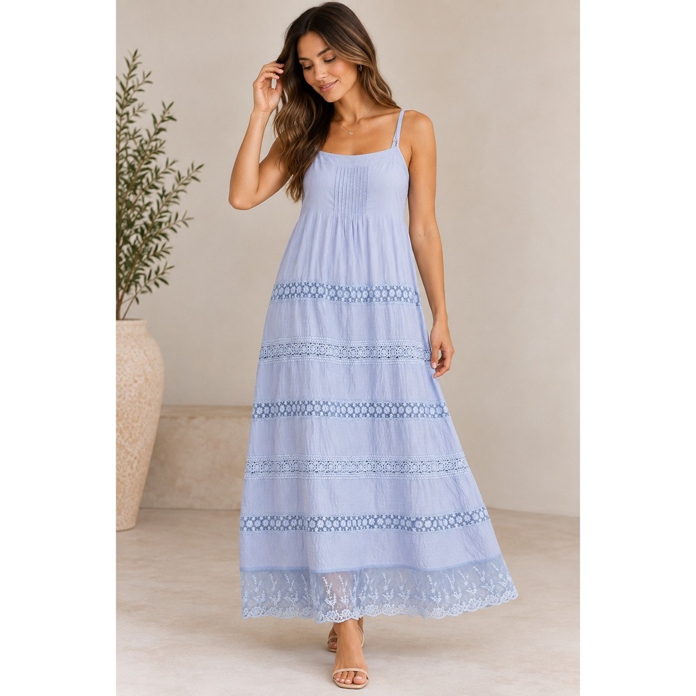 Soft Surroundings Maxi Dress Womens S Blue Crochet Lace Pintuck Cotton 26359